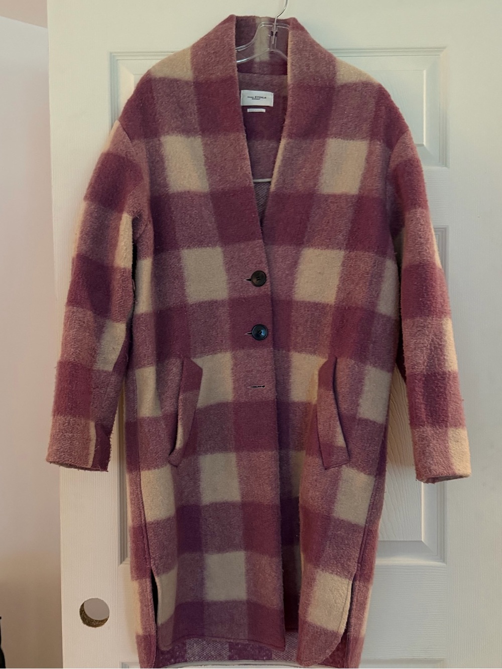 Etoile Isabel Marant Wool-Blend Plaid Long Sweater Coat in Rose & Cream